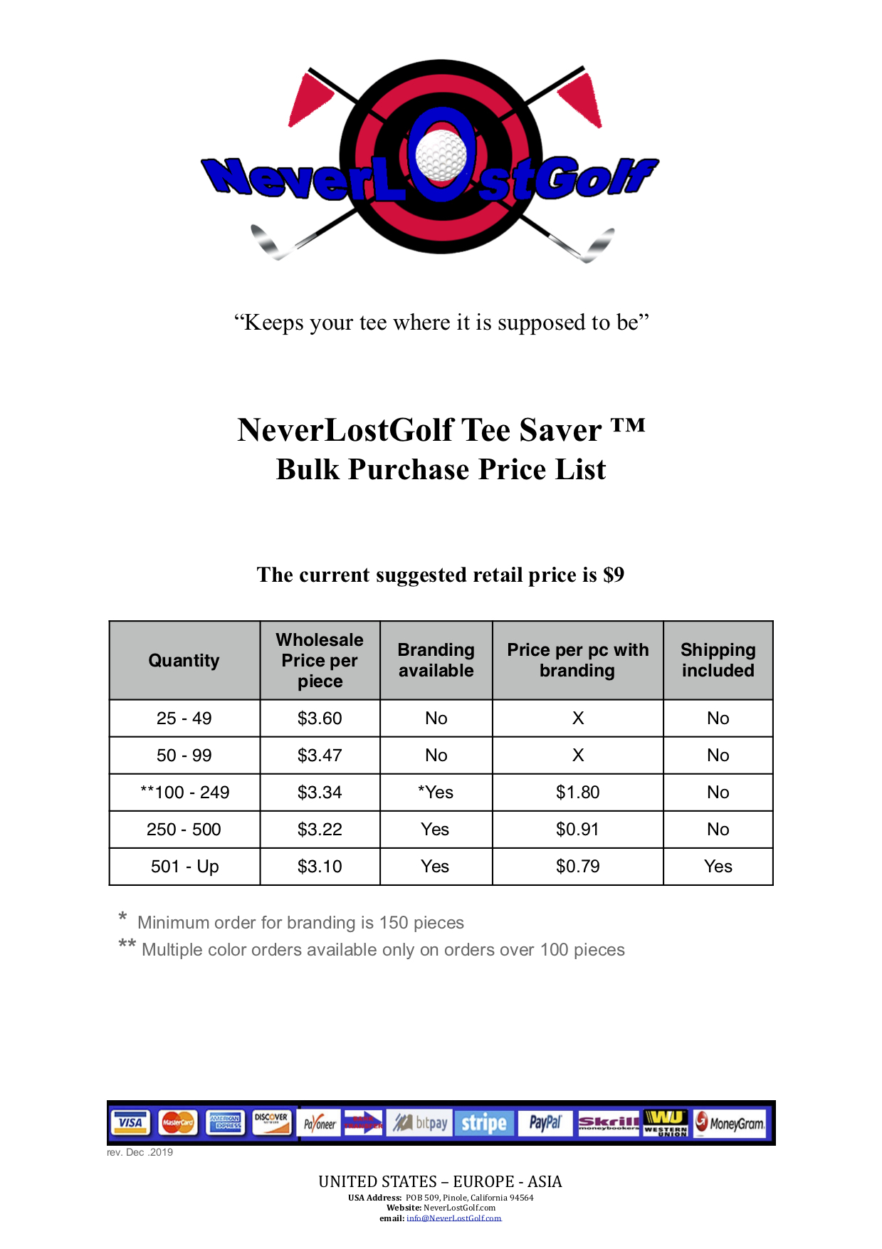 NeverLostGolf Tee Saver™ price list 
